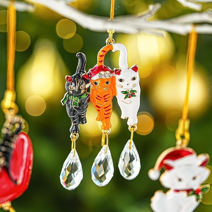 H&D HYALINE & DORA 6 Pack Cat Christmas Tree Ornament 5.5'' Crystal Glass Christmas Hanging Ornaments Pet Decorations for Tree and Car Suncatcher Gifts for Cat Lovers