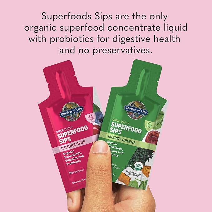 Garden of Life Superfoods Sips, 12 Single Serve Pouches, Vitamins, Probiotics, 13 Organic Superfoods, Functional Mushrooms, Immune Reds, Once Daily, Organic, Vegan, Preservative-Free, Berry Flavor