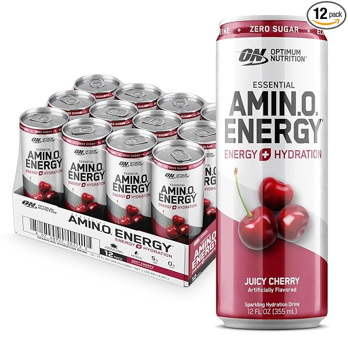 Optimum Nutrition Amino Energy Sparkling Hydration Drink, Electrolytes, Caffeine, Amino Acids, BCAAs, Sugar Free, Juicy Cherry, 12 Fl Oz, 12 Pack (Packaging May Vary)