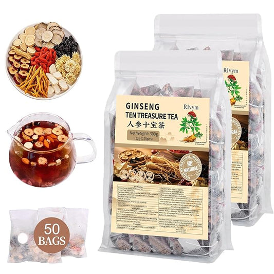 50Pcs Ginseng Ten Treasures Tea, Chinese Traditional Kidney Care Herbal Tea, Natural Kidney Cleanse Detox Tea for Women & Men, 10 Precious Ingredients Formula(50Bags, 600g)
