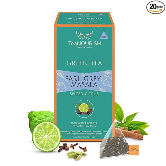 TeaNOURISH Earl Grey Masala Green Tea | 20 Count Pyramid Tea Bags | Spiced Citrus | Darjeeling Whole Tea | Blended with Indian Aromatic Spices enriched with Bergamot extract