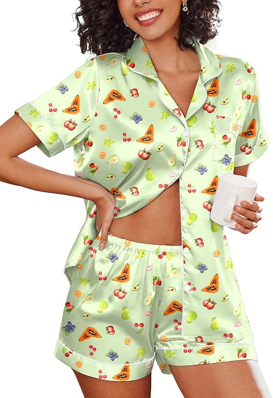 Ekouaer Silk Pajamas for Women Short Sleeve Sleepwear Soft Button Down Loungewear 2 Piece Satin Pjs Shorts Set S-XXL