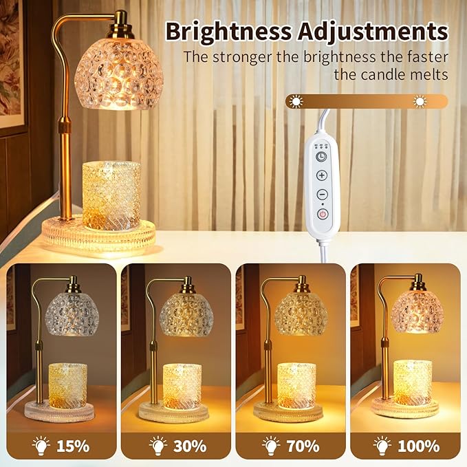 Candle Warmer Lamp with Timer: Adjustable Height and 4 Dimmer, Crystal Glass Base, Heater Wax Warmer for Jar Scented, Home Décor and Housewarming & Birthday Gift for Mom Woman, 2 Bulbs (White Round)