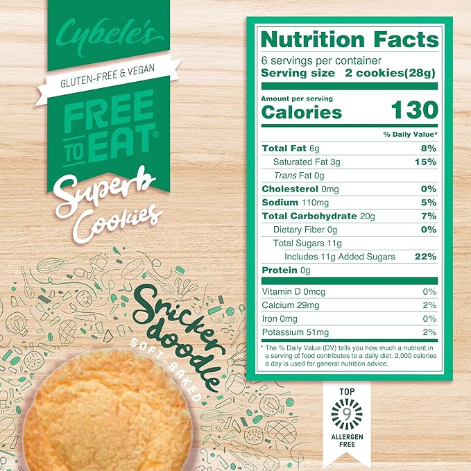 Cybele’s Free To Eat Gluten-Free & Vegan Cookies - Plant-Based, Dairy, Soy, & Nut Free - Soft-Baked School Safe Snack For Kids & Adults - 12 Cookies Per 6 oz Box (Snickerdoodle, Pack of 6)
