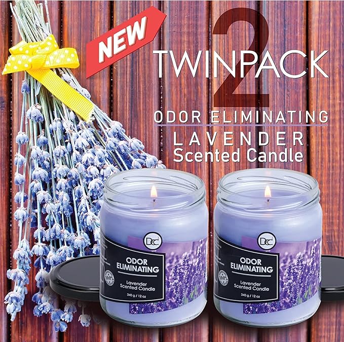 Lavender 2 Pack Odor Eliminating Highly Fragranced Candle - Eliminates 95% of Pet, Smoke, Food, and Other Smells Quickly - Up to 80 Hour Burn time - 12 Ounce Premium Soy Blend