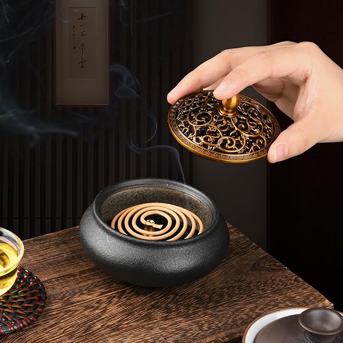 Ceramic Incense Burner with Incense Stick Holder,Use for Stick/Coil Incense,Sage, Mosquito Incense and Charcoal,Handmade for Cleansing House Negative Energy & Other Smudging Rituals (Black)