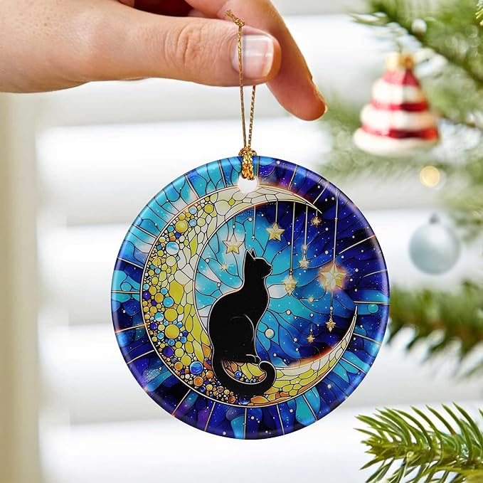 Black Cat Ornament – Christmas Decoration & Christmas Ornament; Round Ceramic (Holiday Present, Bauble Present, Gift Idea, and Gift Exchange) | Heirloom Keepsake
