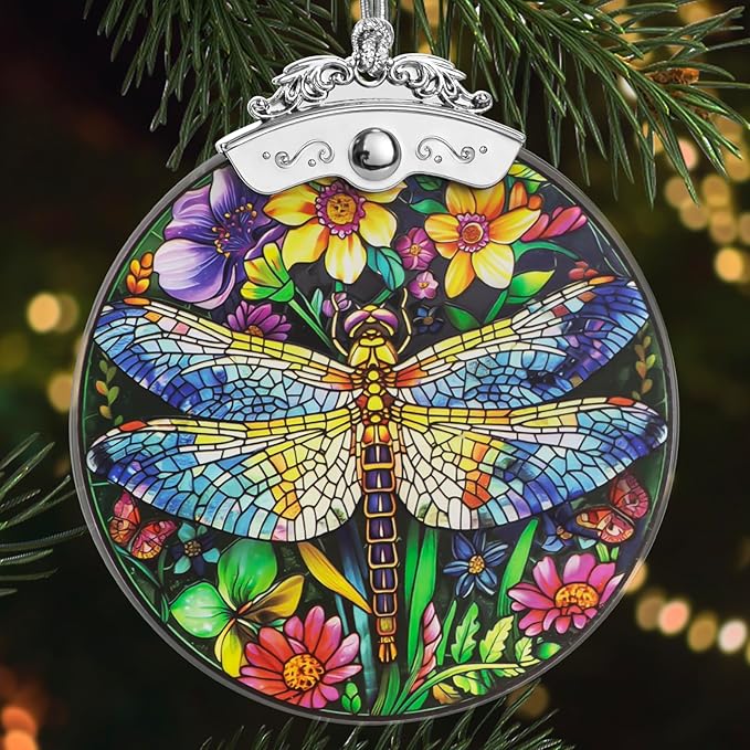 Christmas Tree Ornaments 3 Inch Clear Glass Blanks Round Print Ornament Christmas Hanging Decorative with Silver Ribbon (Dragonfly)