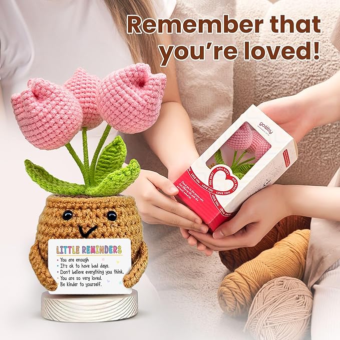 Gossby Handmade Positive Tulip Flower Crochet - Little Reminder You are Enough - Inspirational Gift for Women - Positive Energy, Apreciation, Farewell, Retirement, Goodbye Gift for Coworker
