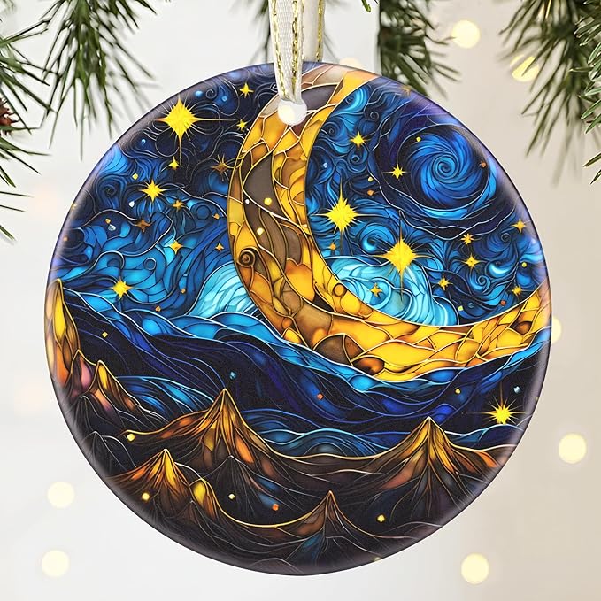Christmas Ornament - 3.5 Inch Ceramic Hanging Decoration for Tree, Holiday Presents, Gift Exchange - Retro Moon Star