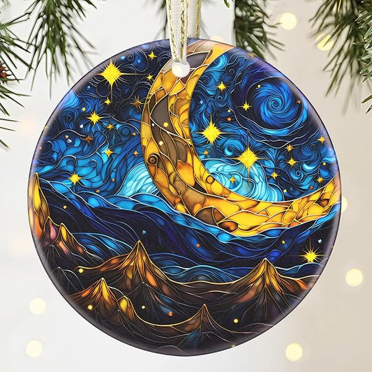 Christmas Ornament - 3.5 Inch Ceramic Hanging Decoration for Tree, Holiday Presents, Gift Exchange - Retro Moon Star