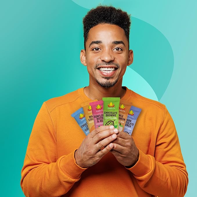 Amrita Nut Free 6 Flavor Variety Pack Vegan Protein Bars (12 CT) | 11g to 12g Plant-Based Protein Bar | Peanut Free, Gluten Free, and Dairy Free | Low Sugar, High Fiber, Healthy School-Safe Snacks