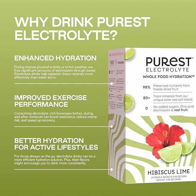 Know Brainer Purest Electrolyte Hibiscus Lime Powder Packets – Whole Food Hydration - Organic Freeze-Dried Fruits and Solar Sea Salts for Ultimate Electrolyte Balance