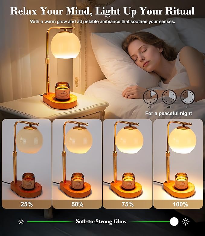 Ivory Glass Candle Warmer Lamp with Adjustable Height Dimmer and 2 4 8 Hour Timer Includes Scented Candle and 2 Bulbs Dark Wood Base for Cozy Bedroom Living Room Spa