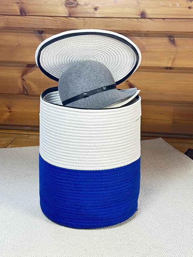 Cotton rope Storage Basket with Lid-Durable Woven Organizer with handles, Woven baskets, Multi-Purpose Storage Basket for Living Room,Closet or office(14x13 inches) (Blue+White)