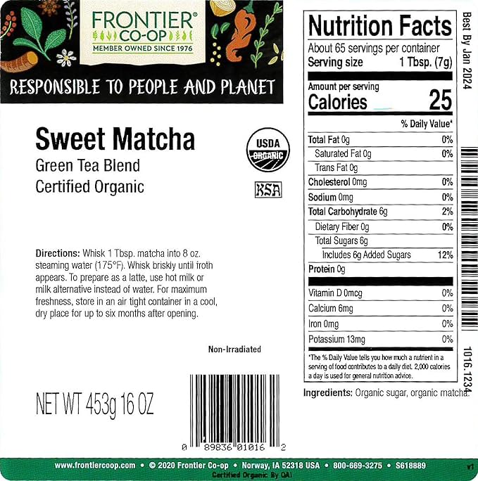 Frontier Co-op Organic Sweet Matcha Green Tea Powder, 16 Oz, Bulk Bag