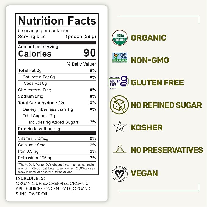 Happy Village Organic Soft Dried Cherries On the Go – 3 Bags (15 Individual Portion Packs) | Healthy, Organic, Non-GMO, Vegan, Kosher, Gluten-Free Snack Packs