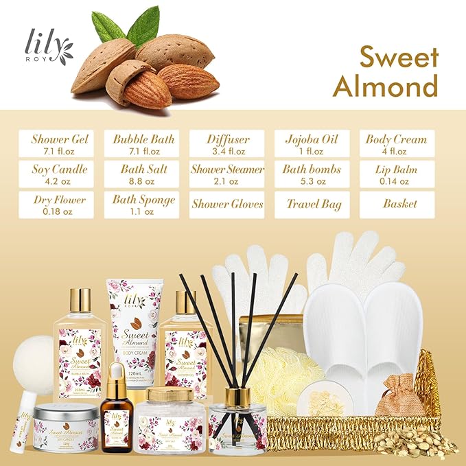 Christmas Spa Gift Basket Set for Women 17-Piece Almond Luxury Spa Gift Set Bath & Body Care Kit with Shower Gel, Body Cream | Valentine's, Mothers Day Gifts for Mom, Birthday Gifts for Her, Wife, Mom