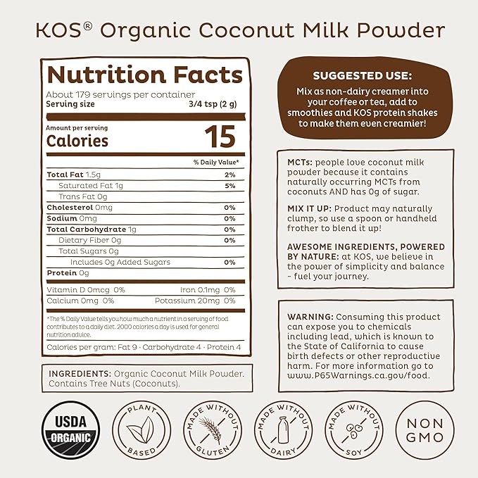 KOS Organic Coconut Milk Powder, USDA Certified Organic - 0g Sugar, MCT Plant Based Creamer for Coffee, Smoothies, Vegan, Keto, Paleo Friendly, Non-GMO, Gluten or Dairy- 12.6oz, 179 Servings