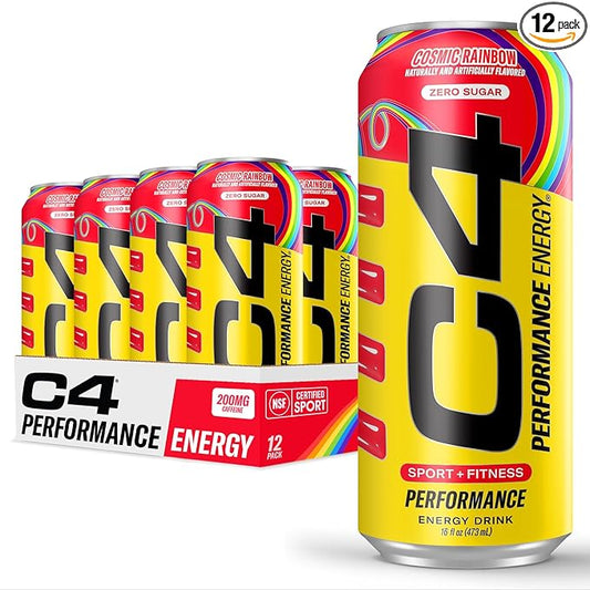 Cellucor C4 Performance Energy Drink | Cosmic Rainbow | Zero Sugar Carbonated Preworkout Energy | 200mg Caffeine with Beta Alanine | 16 Fl Oz (12 Pack), Packaging May Vary