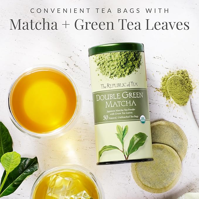 The Republic of Tea - Organic Double Green Matcha, Naturally Caffeinated Japanese Green Tea Powder and Leaves, Steeps 50 Cups (Pack of 2)