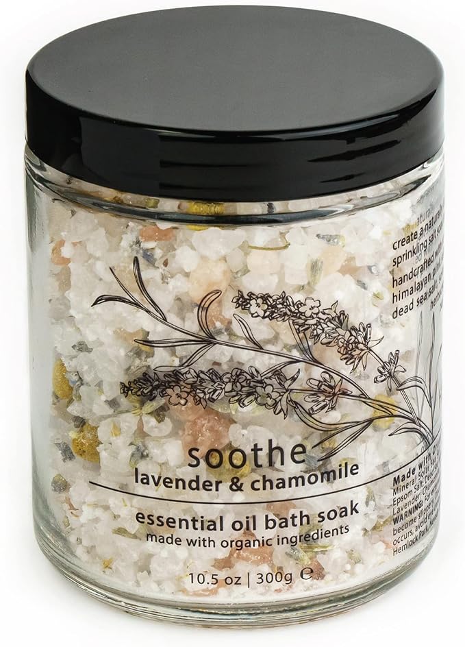 Hemlock Park Soothe Essential Oil Bath Soak | Naturally Soothing Mineral Sea Salt and Botanicals | 10.5 oz Jar | Lavender & Chamomile