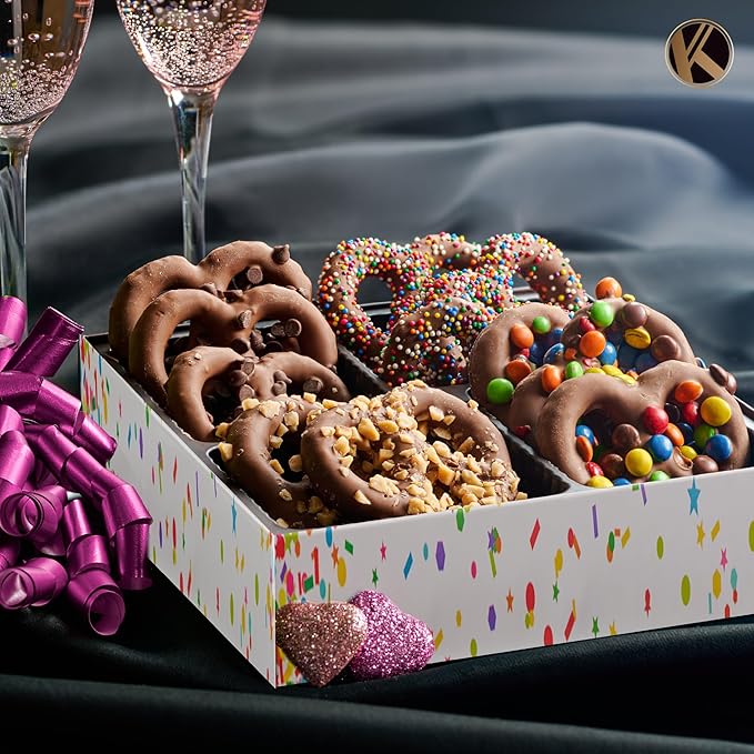 KREMERY Creamy Chocolate Cravings - Diwali Sweets Hamper Chocolate Covered Pretzel Twists Gift Basket, in Brown Gift Box (12 Pretzels, Assorted Sweet Toppings) Food Arrangement
