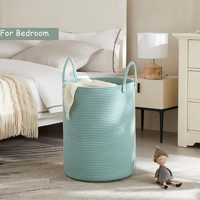 15Dx20H inches Tall Green Hamper Cotton Rope Laundry Basket Woven Hamper for Clothes Blanket Storage in Bedroom Livng Room for Baby Nursery Kids Toys Organize 60L Capacity