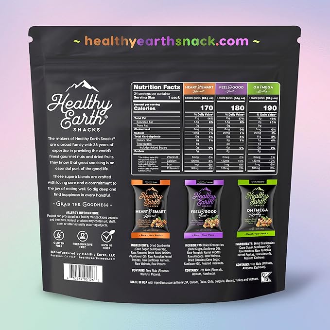 Healthy Earth Snacks 3 Flavors Variety Pack, 24 Count | Mixed Nuts & Dried Fruits Gourmet Snacks, Gluten-Free | 8 Packets Per Flavor: Heart Smart Harvest, Feel Good Feast, & Oh! Mega Medley (816g)
