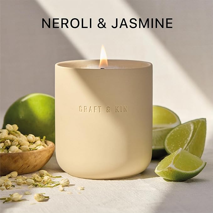 Craft & Kin Scented Candles | Soy Blend with Cotton Wick | Long-Lasting Fall Candles, 40-Hour Burn | Ceramic Jar, Perfect Fall & Winter Home Scent (10 oz, Neroli & Jasmine)
