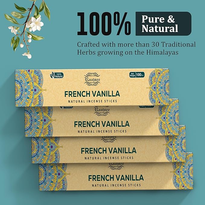Raajsee French Vanilla Incense Sticks (180 gm), 100% Pure Organic Natural Hand Rolled Free from Chemicals - Perfect for Aromatherapy, Cleansing, Meditation, and Church (Pack of 12)