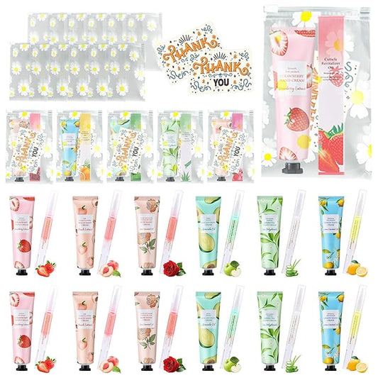KWOLYKIM 12 Sets Bulk Hand Cream and Bulk Cuticle Oil Pen Christmans Gift Set for Women Coworker Hand Repair with Makeup Bag and Thank You Card Skincare Gift Bridal Shower Favors for Guests Party Gift