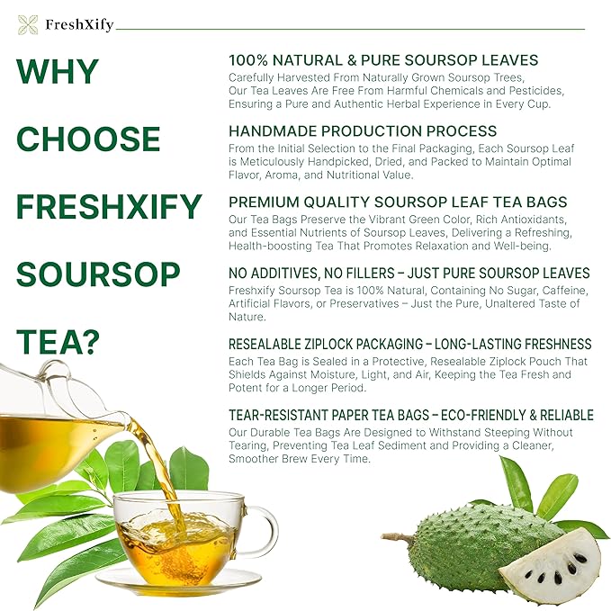 FreshXify – Premium 100 Soursop Tea Bags – 100% Natural Graviola Leaf | Hoja Guanabana | Guyabano Tea – Caffeine-Free, Non-GMO – Eco Paper Filter Bags – No Dust Leak – Herbal Tea