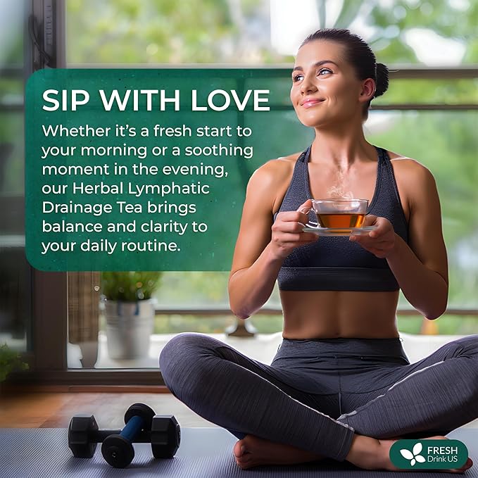FreshDrinkUS, Lymphatic Drainage Tea | 30 Tea Bags | Herbal Tea Bags with Ginger, Dandelion Root, Burdock Root, Mullein, Calendula, Lemongrass, Rose, Licorice & Tulsi – Caffeine-Free Herbal Blend