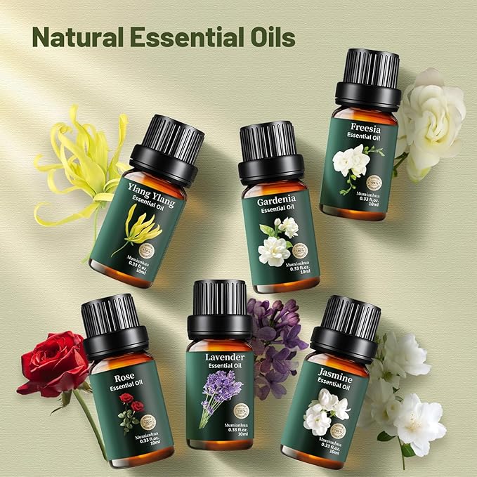 Floral Essential Oils Set Pure, Mumianhua Lavender, Rose, Jasmine, Ylang Ylang, Gardenia, Freesia - Natural Women's Classic Aromatherapy Gift Set for Diffuser, Humidifier, Candle & Soap Making 6x10ml