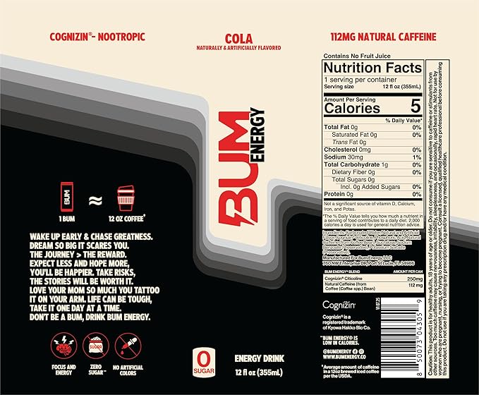 BUM Zero Sugar Energy Drink Variety Pack – Root Beer, Beer, Dr. Bum, Cola & Grape – Lightly Carbonated Sports Beverage with Natural Caffeine & Citicoline for Focus & Energy – 12 fl oz (12-Pack)