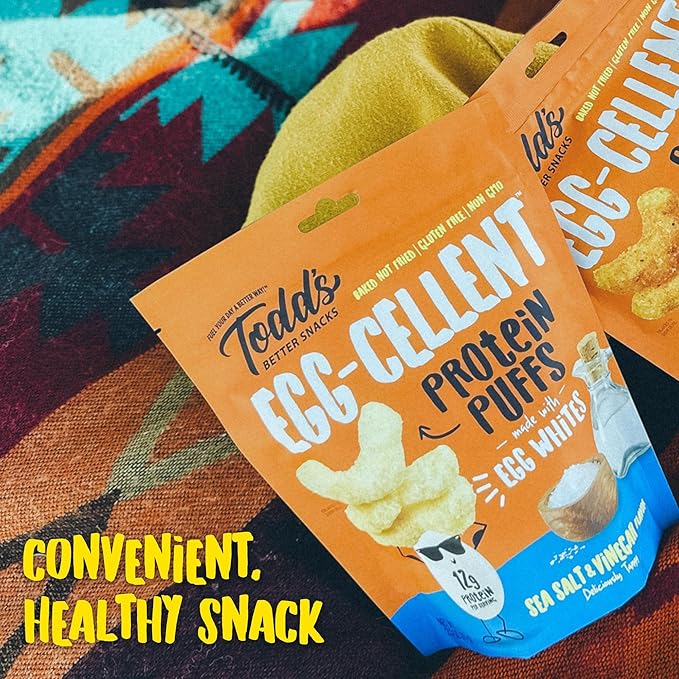 Todd's Better Snacks Egg-Cellent Protein Puffs, Sea Salt & Vinegar – 12g Protein, Gluten-Free, Paleo-Friendly, Baked, GLP-1 Compliant – Healthy Snack, Made with Egg Whites – 1.2 Oz (Pack of 10)