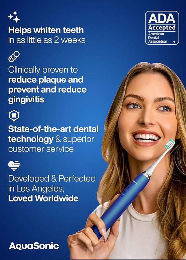 Aquasonic Vibe Series Ultra-Whitening Toothbrush – ADA Accepted Electric Toothbrush - 8 Brush Heads & Travel Case – 40,000 VPM Motor & Wireless Charging - 4 Modes w Smart Timer – Sapphire Blue