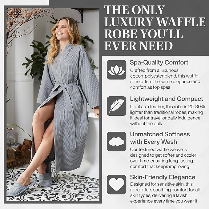 Lotus Linen Waffle Robes for Women - Lightweight Cotton Kimono Bathrobe - Long Soft Spa Bath Robe
