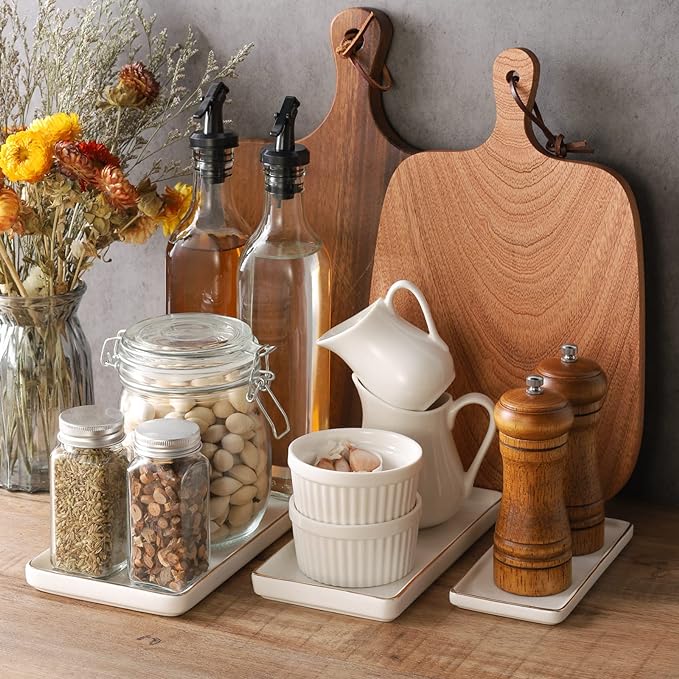 Gurygo 10" Bathroom Tray, Ceramic Vanity Trays for Bathroom, Small Ceramic Tray, Kitchen Soap Trays for Kitchen Counter (White with Gold-Edged, 10",Set/1)