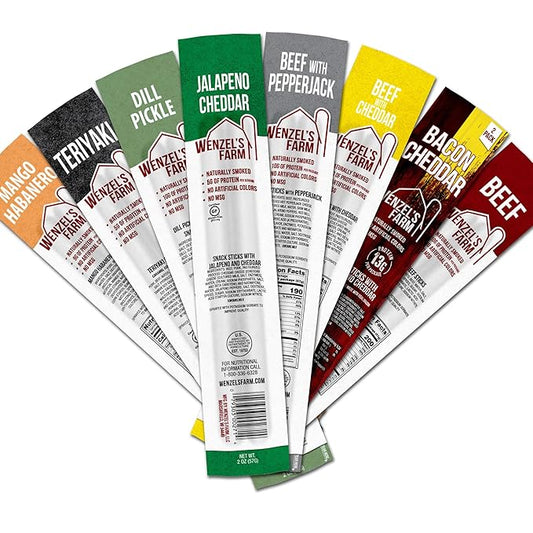 Wenzel’s Farm Variety Snack Sticks │Supports Active Lifestyles │ Flavorful, Natural Smoked │ High Protein, Low Carb │ No MSG, Fillers, Binders, Artificial Colors │ Gluten Free | 16 sticks (8 packs of 2) | New & Classic Variety