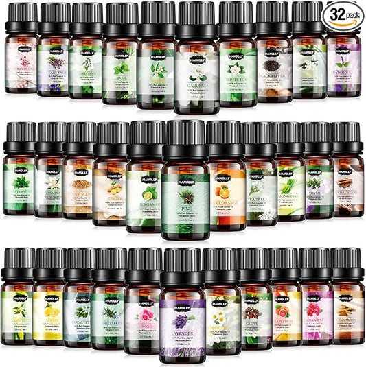 Essential Oils Set, Aromatherapy Essential Oil Kit for Diffuser, Humidifier, Massage, Skin Care (32 x 5ml) - Eucalyptus, Lavender, Tea Tree, Peppermint, Lemongrass, Frankincense, Cinnamon, Sandalwood