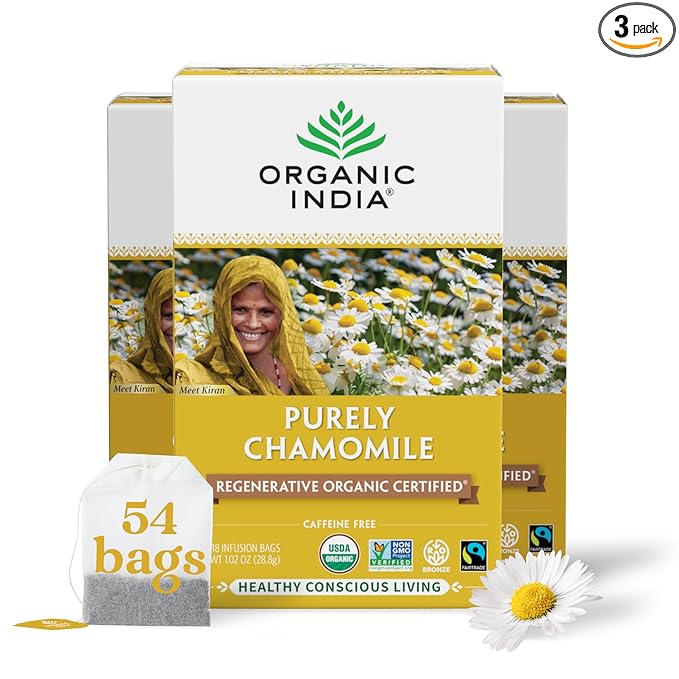 Organic India Purely Chamomile Tea- Regenerative Organic Chamomile Flowers, Caffeine Free, Calming & Relaxing Herbal Tea, Natural Support for Sleep & Relaxation- 18 Tea Bags, Pack of 3