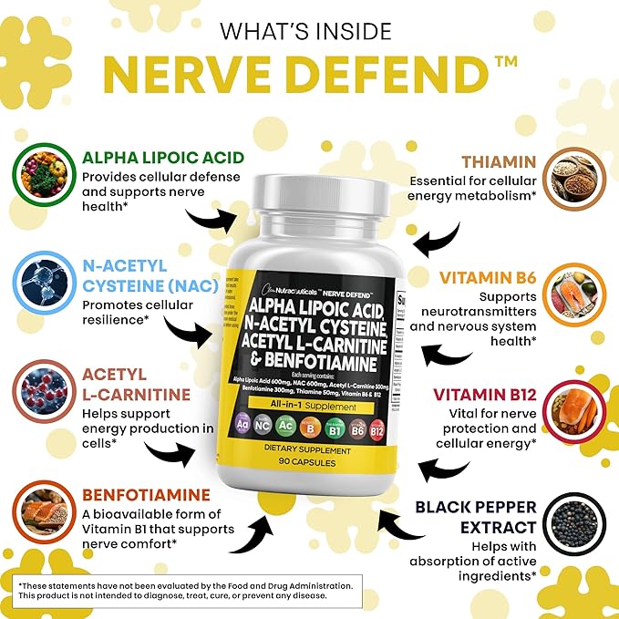 Alpha Lipoic Acid 600mg N-Acetyl Cysteine 600mg Acetyl L-Carnitine 500mg Benfotiamine 300mg - Nerve Support Supplement for Women and Men with Vitamin B1 B6 & B12 - Made in USA 90 Caps