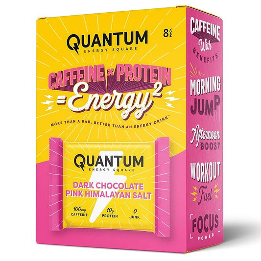 Quantum Energy Square: Energy Bar with Caffeine & 10g Protein. Delicious Healthy Snack On The Go. (Vegan, Gluten-free, Soy-free, Dairy-free) (Dark Chocolate Pink Himalayan Salt)