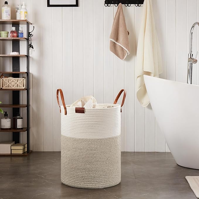 Cotton Rope Laundry Hamper by YOUDENOVA, 72L - Woven Collapsible Laundry Basket - Clothes Storage Basket for Blankets, Laundry Room Organizing, Bedroom Storage, Clothes Hamper – White & Brown