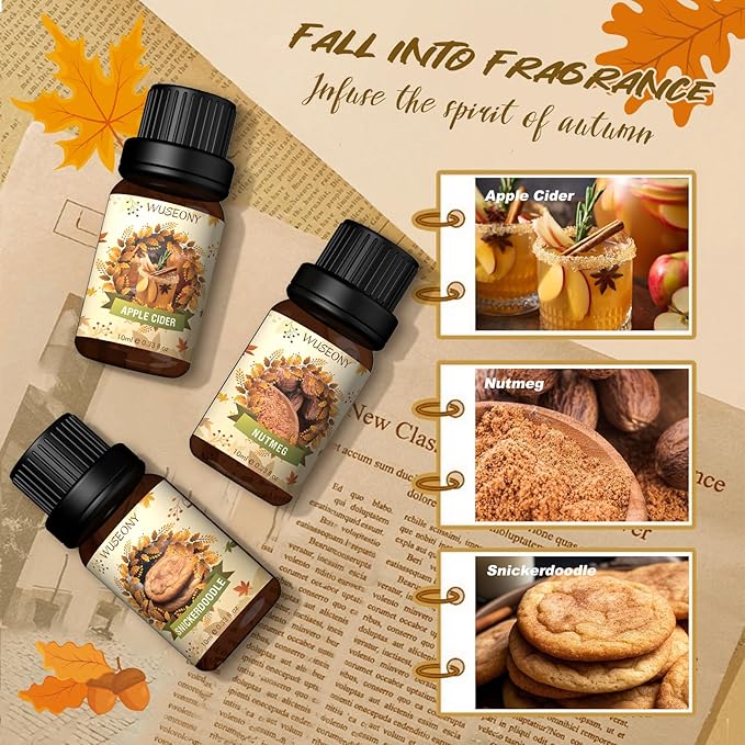 Fall Essential Oil for Diffusers, Autumn Fragrance Oil Set, Aromatherapy Oils Gift Set for Candle Soap Making - Apple Cider, Nutmeg, Snickerdoodle, Vanilla, Forest Pine, Pumpkin Spice, 6x10ml