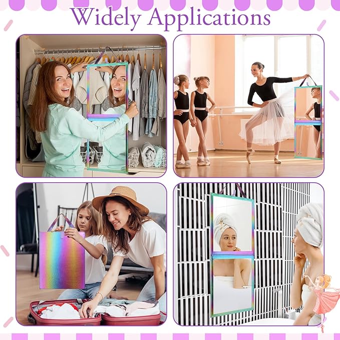 Chunful Foldable Backstage Mirror with Handle Holographic 33.5 X 13.4 Inch Folding Hanging Mirror Rectangular for Travel Dance Bag Home Fitness Spa Gift for Dancers(Colorful)