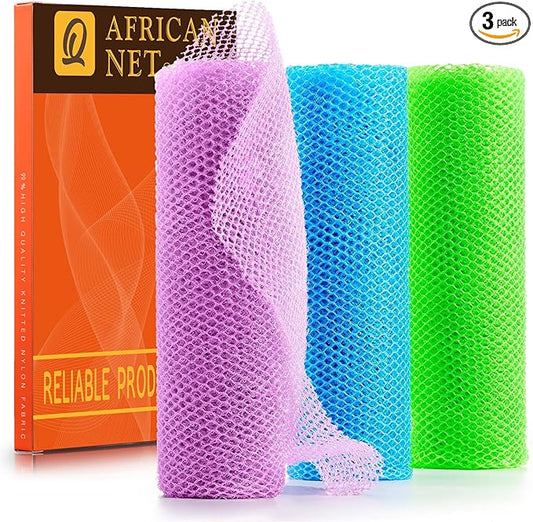 UJFQBH 3 Pieces African Bath Sponge African Net Long Net Bath Sponge Exfoliating Shower Body Scrubber Back Scrubber Skin Smoother,Great for Daily Use (Pale Purple, Blue, Green)