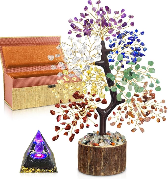7 Chakra Crystal Tree of Life - Unique Birthday Gifts for Women, Chakra Crystal Trees for Home Decor, Office Desk Decor, Positive Energy Spiritual Cleansing Crystals and Healing Stones, Orgone Pyramid